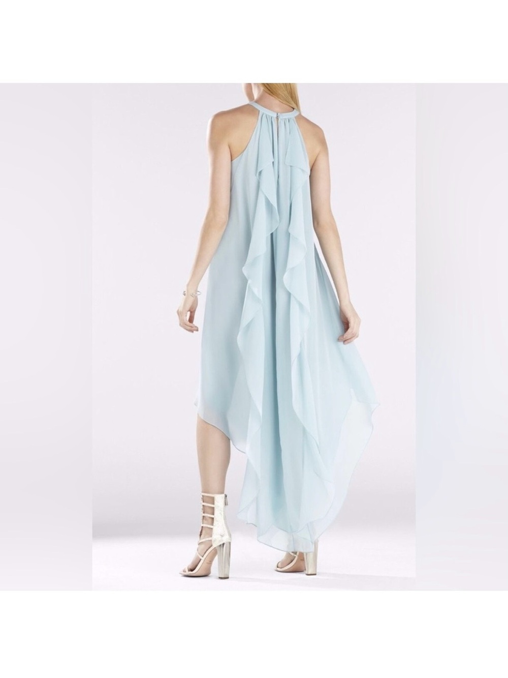 BCBGMaxAzria Pale Blue Halter High-Low Ruffle Dress